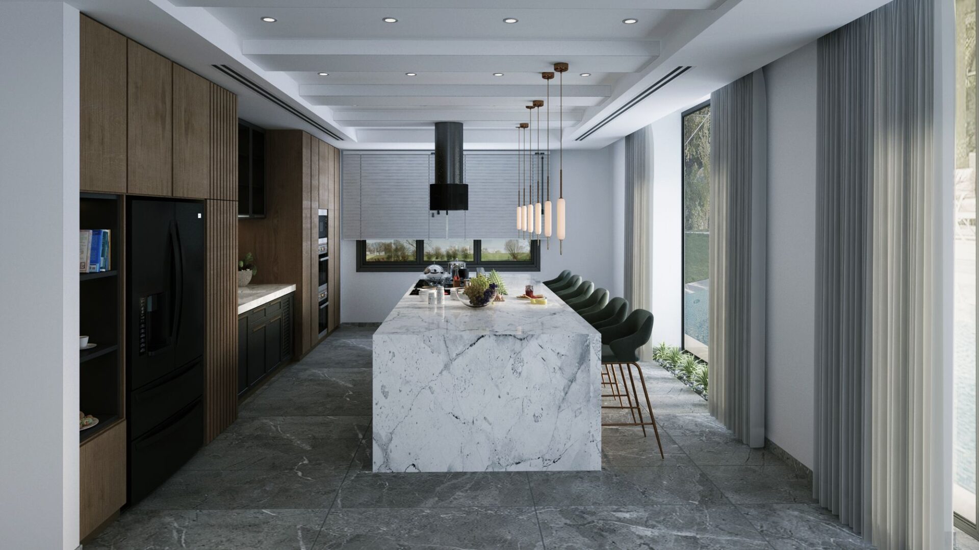 Porcelain slab waterfall kitchen island